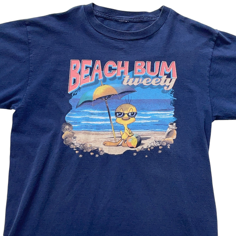 Vintage Looney Tunes Graphic Print Of Tweety Bird 'BEACH BUM Tweety' T-Shirt Navy Blue Size Extra Large