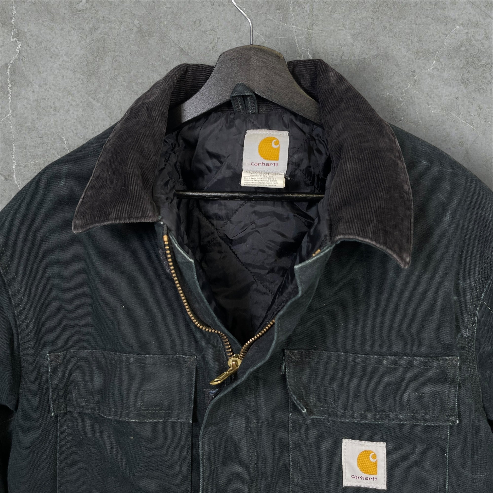 Vintage 90s Carhartt Canvas Workwear Corduroy Collar Jacket Black C03 BLK Size L