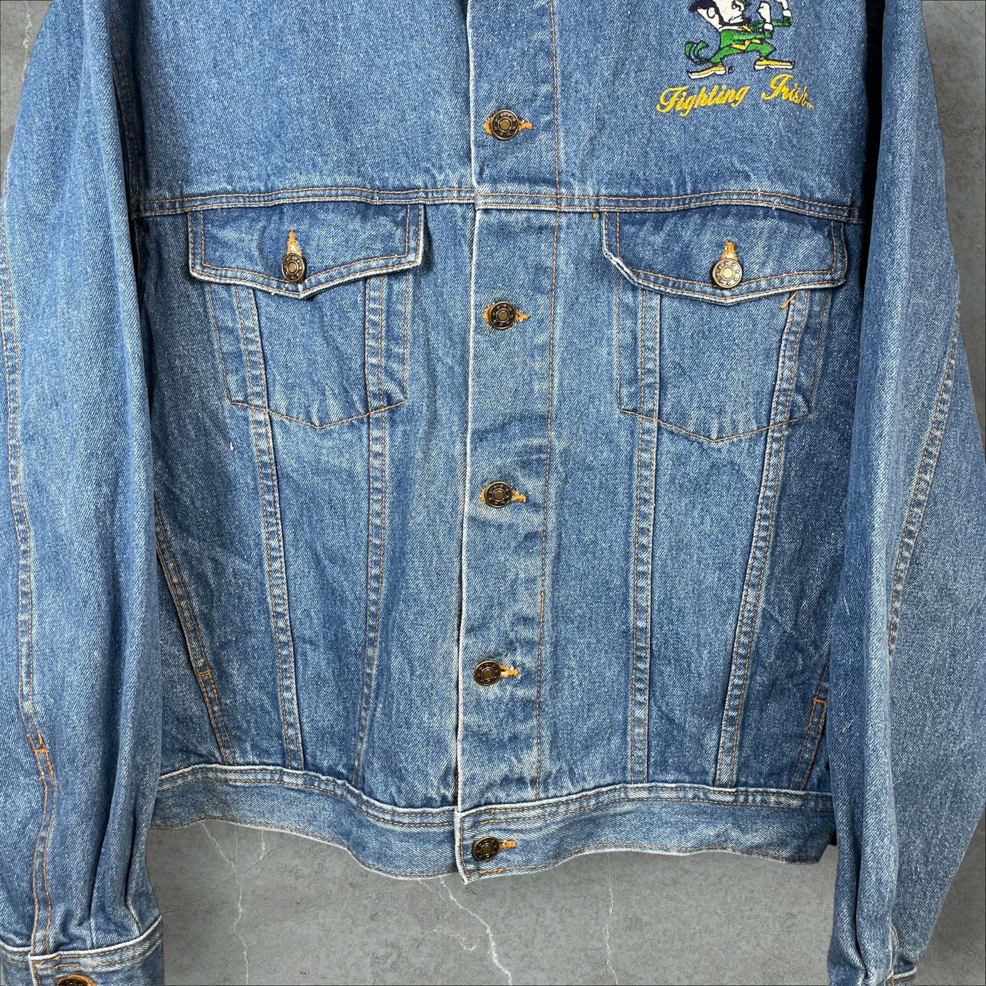 Vintage 90s NCAA Notre Dame Fighting Irish TSI Blue Denim Jacket Size Large