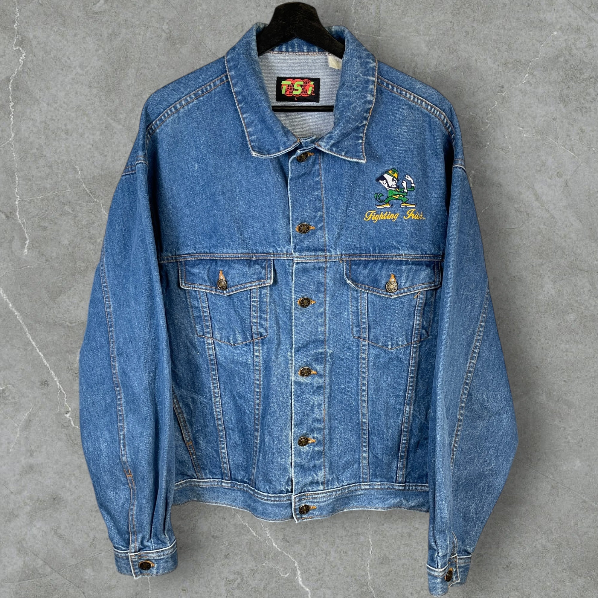 Vintage 90s NCAA Notre Dame Fighting Irish TSI Blue Denim Jacket Size Large