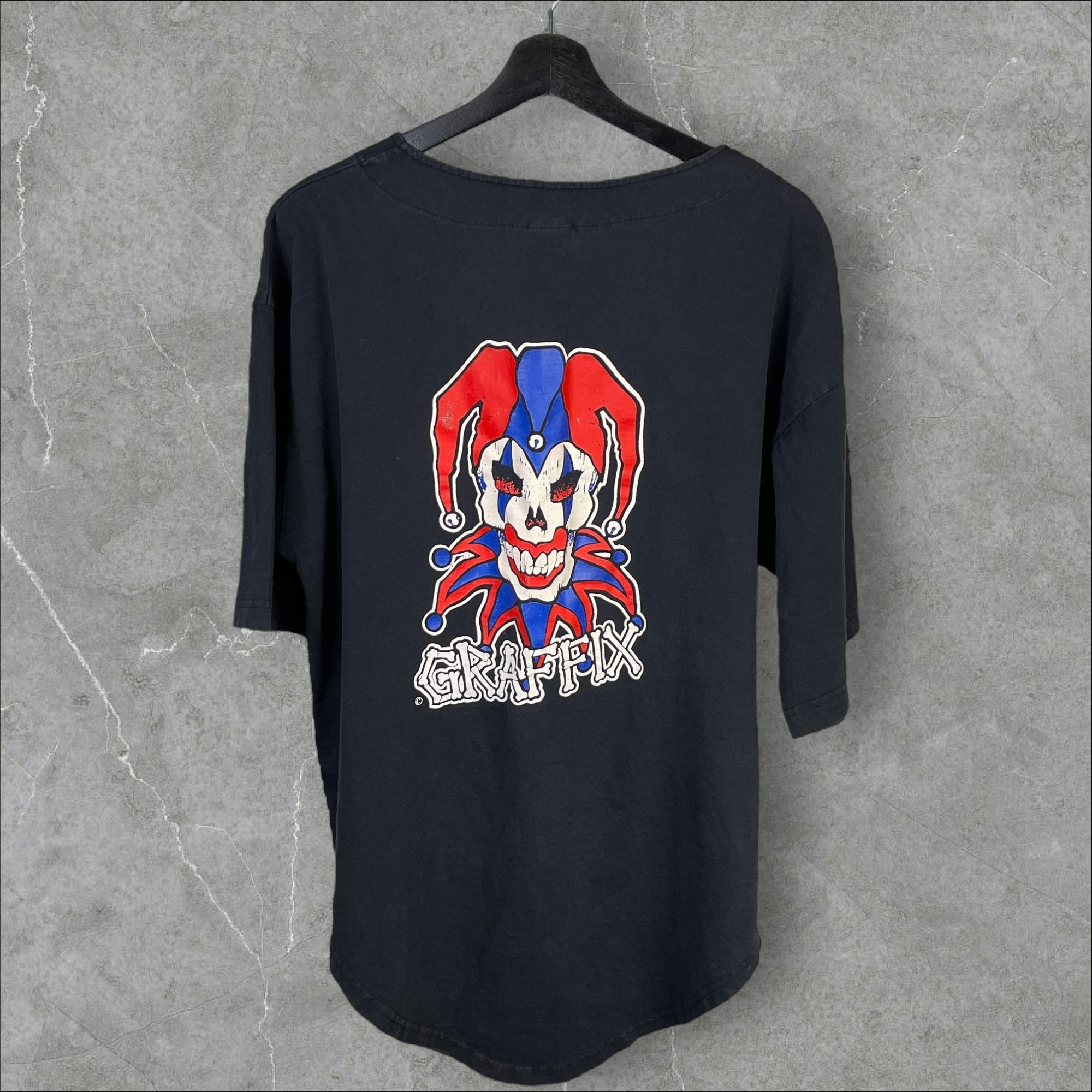 Vintage 90s Graffix Jester Skelton Clown Button Up Black Jersey Size XL