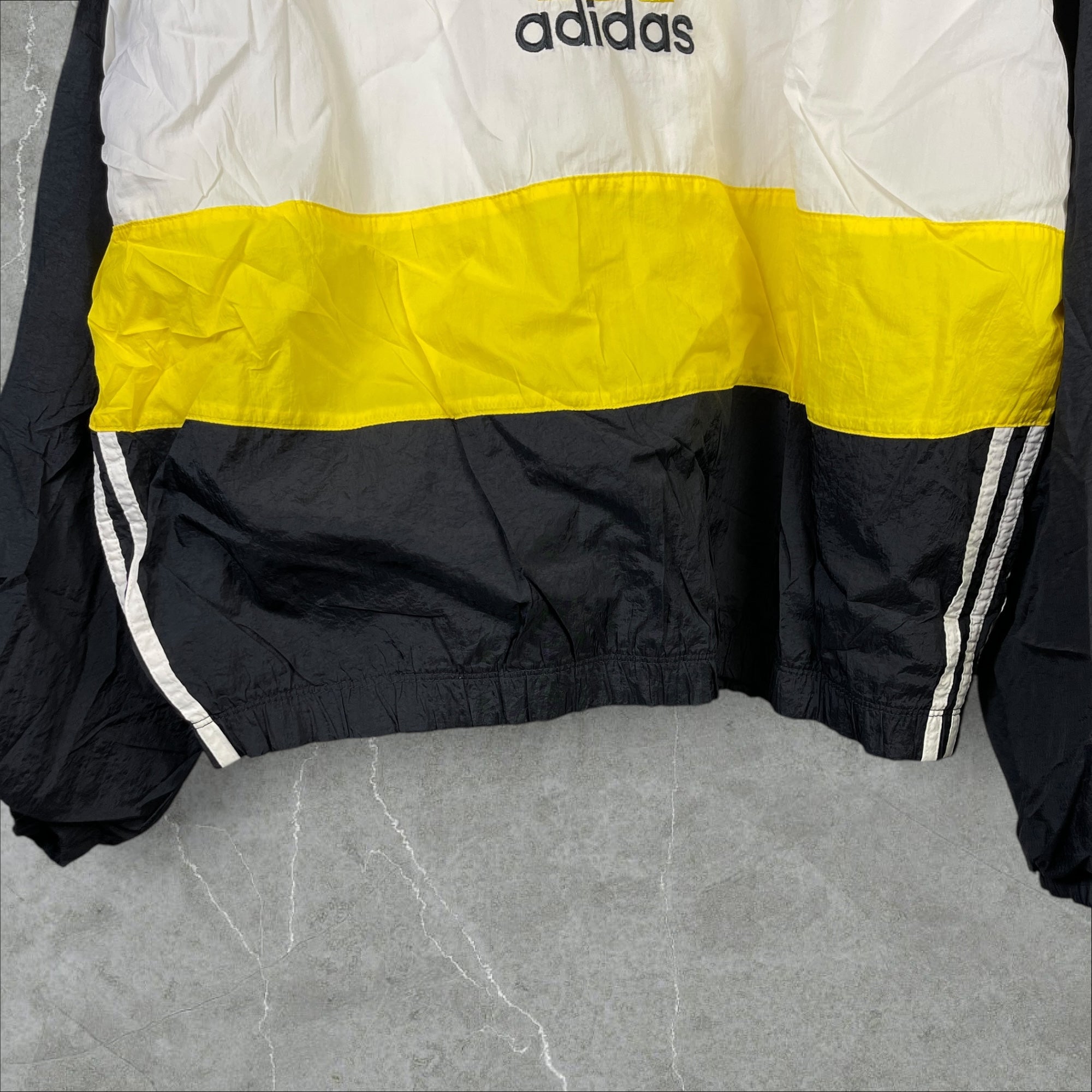 Vintage 90s Adidas Triple Tone Nylon Full-Zip Windbreaker White Yellow Black Size XL