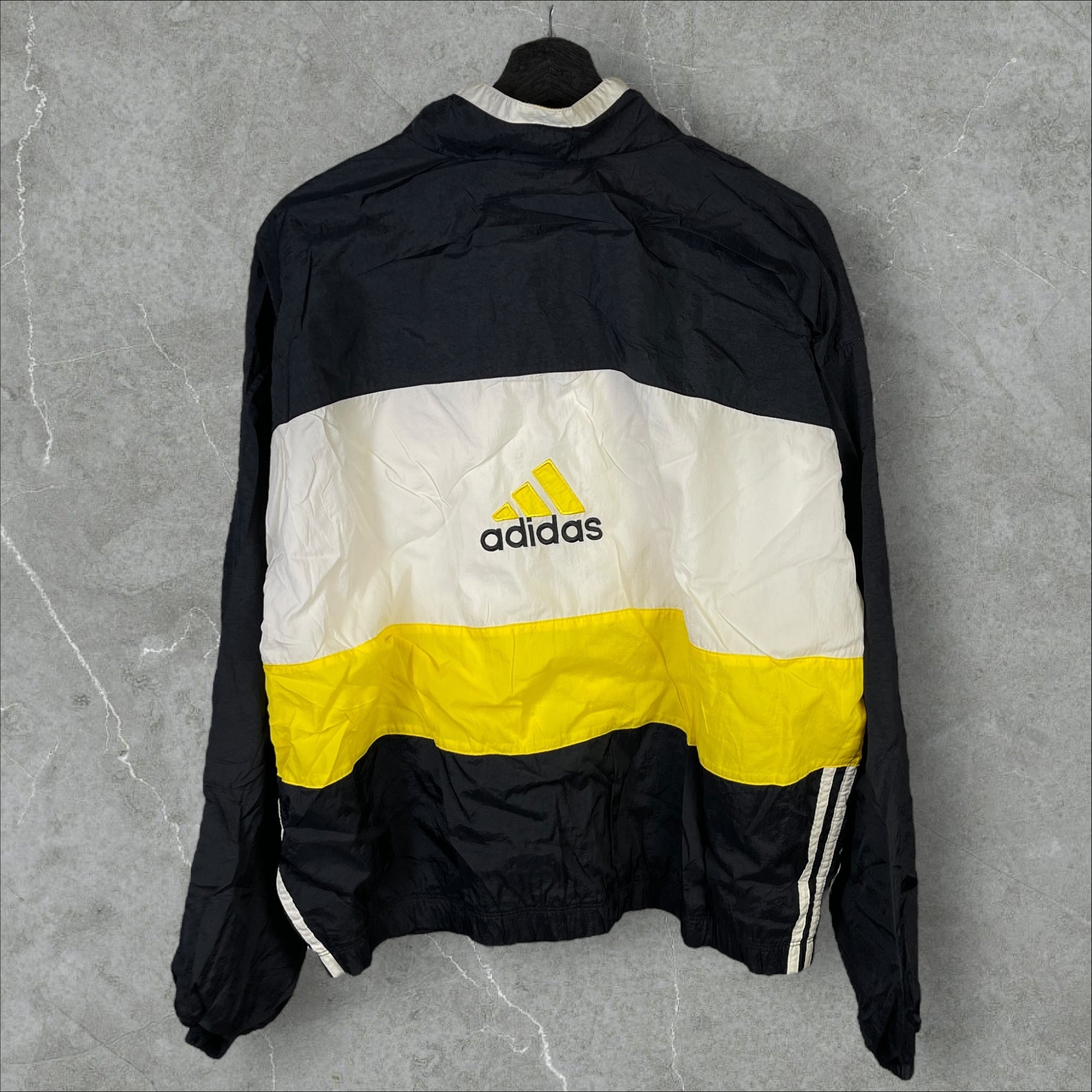 Vintage 90s Adidas Triple Tone Nylon Full-Zip Windbreaker White Yellow Black Size XL