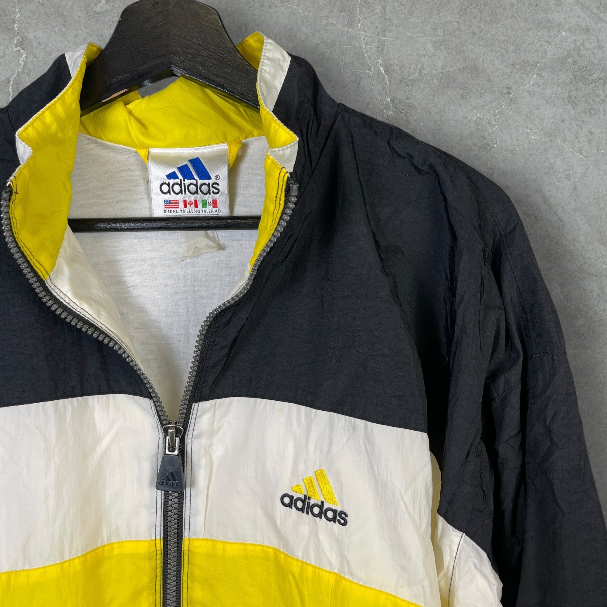 Vintage 90s Adidas Triple Tone Nylon Full-Zip Windbreaker White Yellow Black Size XL