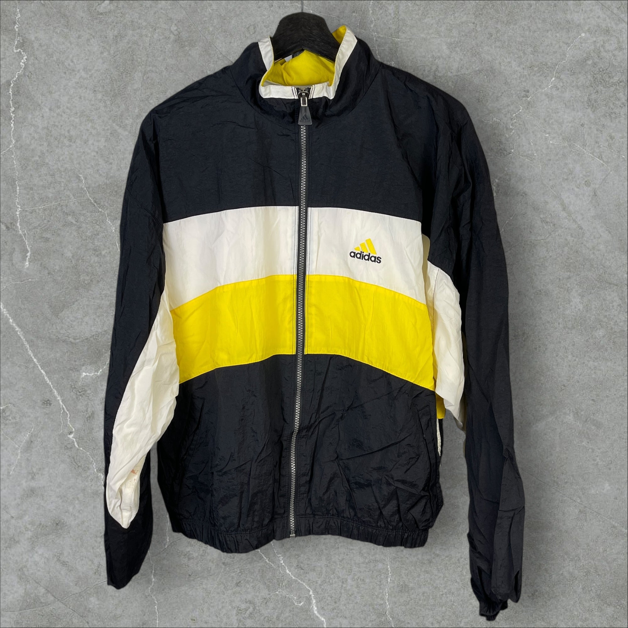 Vintage 90s Adidas Triple Tone Nylon Full-Zip Windbreaker White Yellow Black Size XL