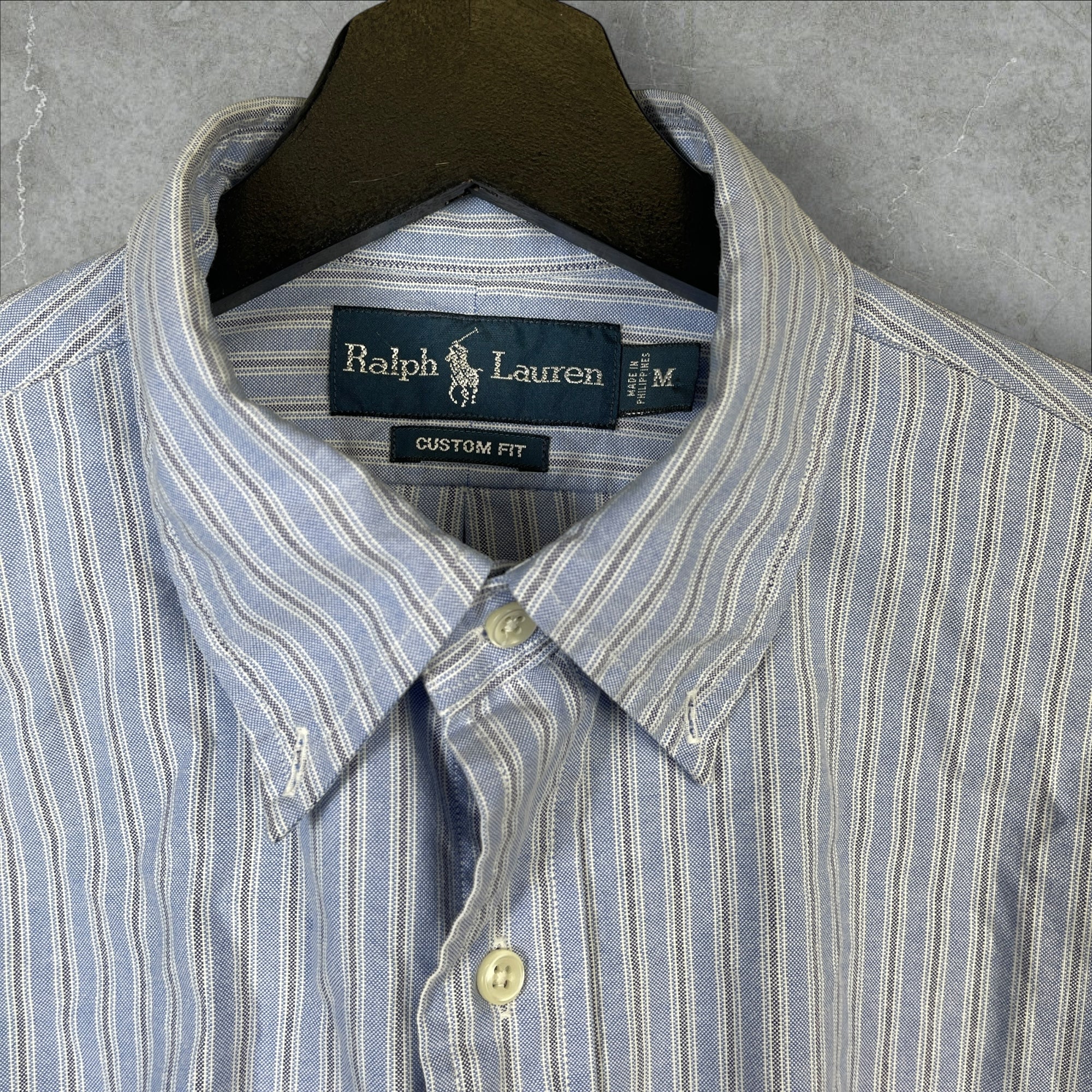 Vintage 90s Polo Ralph Lauren Button-Up Plaid Striped Baby Blue Shirt Size Medium