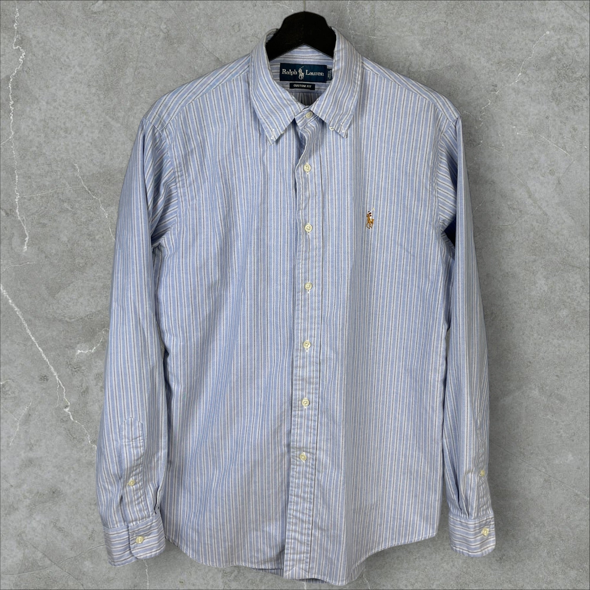 Vintage 90s Polo Ralph Lauren Button-Up Plaid Striped Baby Blue Shirt Size Medium