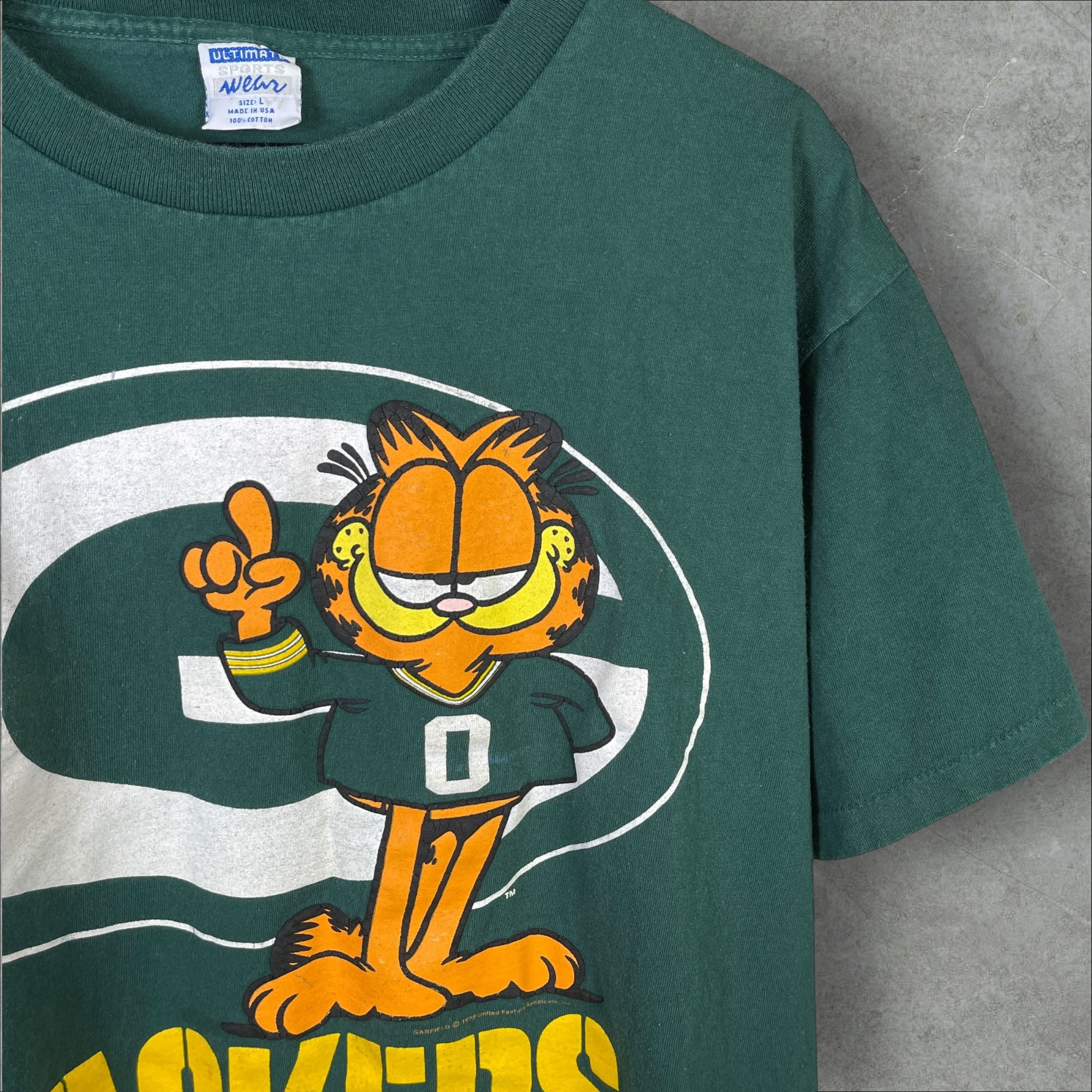 Vintage 90s NFL Green Bay Packers Garfield Cartoon Green T-Shirt Size Large