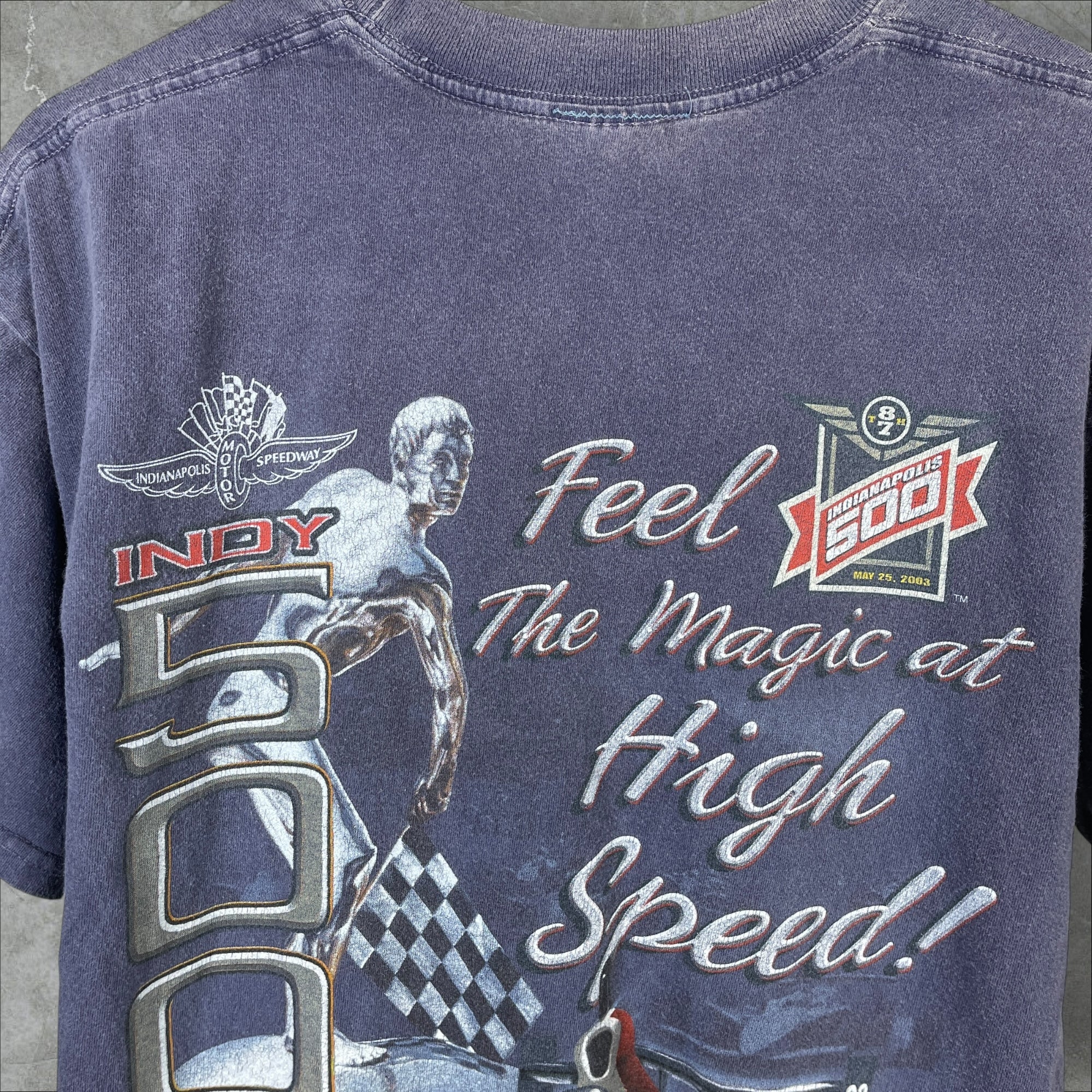 Vintage Y2K NASCAR Indianapolis Speedway 'Feel The Magic at High Speed!' Navy T-Shirt Size Large