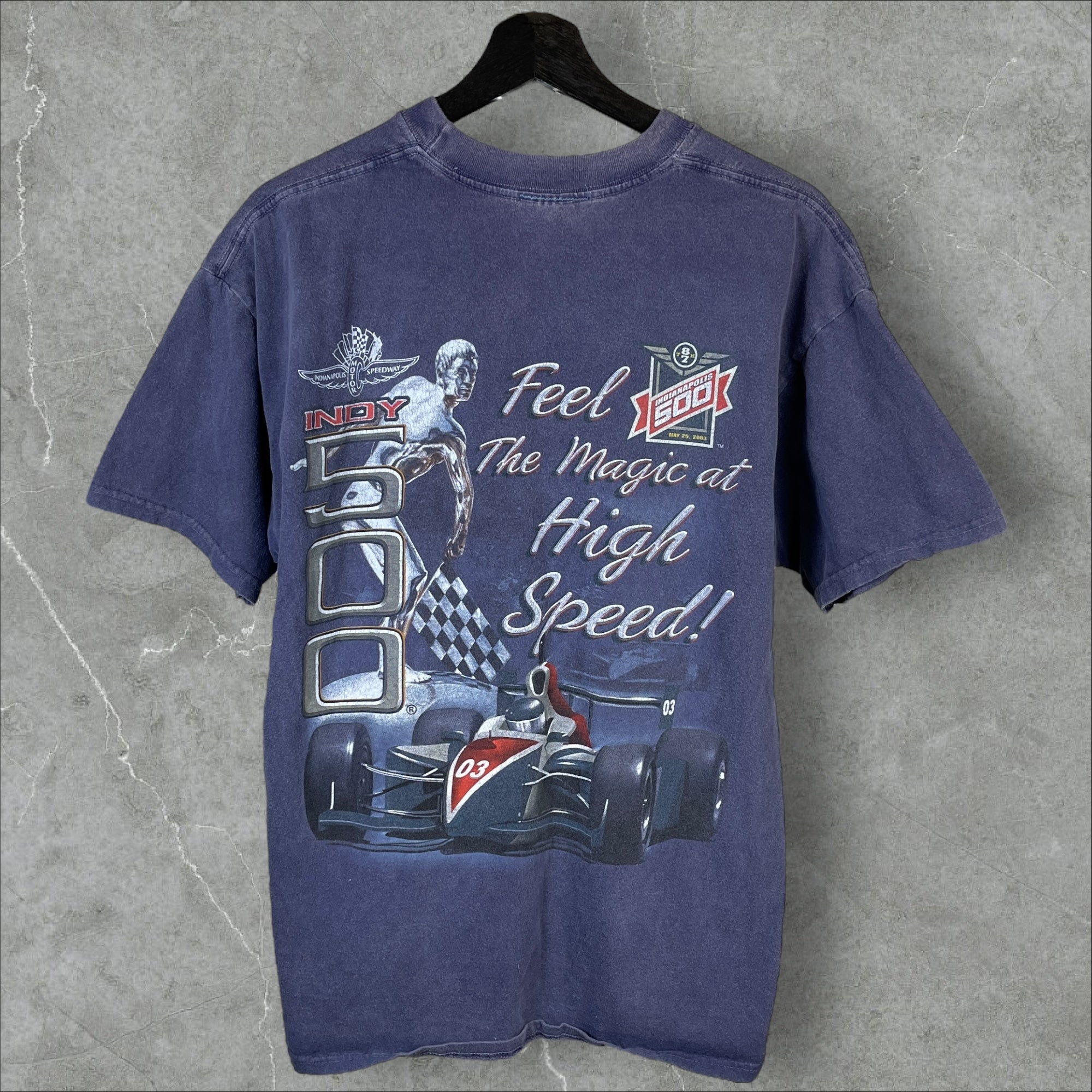 Vintage 90s Indianapolis Speedway 'Feel The Magic at High Speed!' Blue T-Shirt Size Large