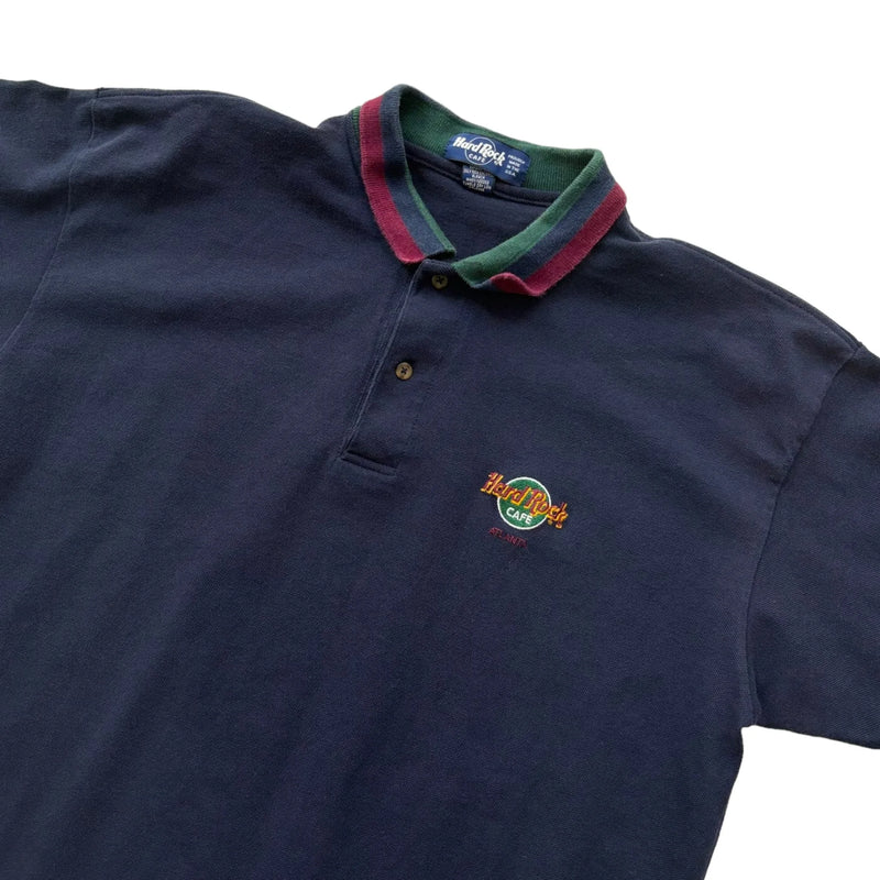 Vintage 90s Hard Rock Cafe 90s Hard Rock Cafe Embroidered Logo, Contrasting Ribbed Collar Polo T-Shirt Navy Size