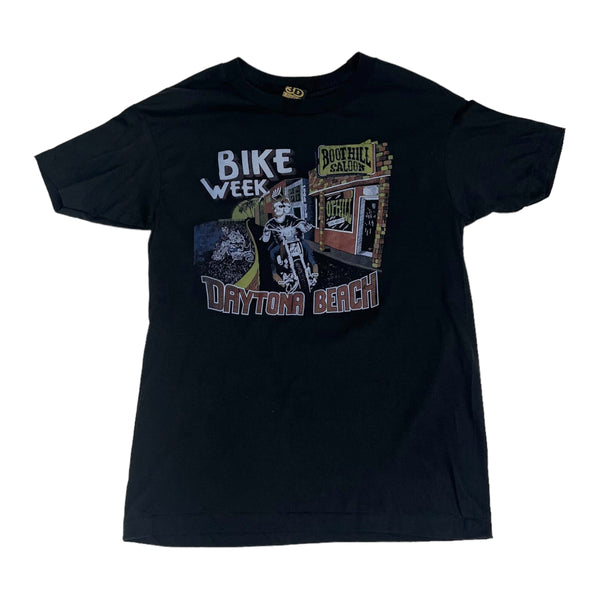 Vintage 80s 3D Emblem Daytona Beach Bike Week Boothill Saloon Graphic Black T-Shirt